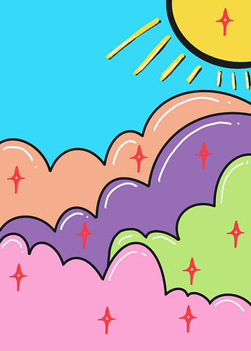 Vibrant Pop Art Clouds and Stylized Sun Illustration
