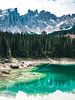 Blauer See Lago di Carezza (Karersee) mit Pinien und den Gipfeln der Dolomiten von Michiel Dros Miniaturansicht