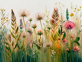 Frühlingswiese. Natürliche Gräser und Rotklee.