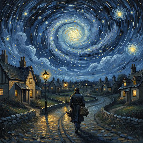 Alleen wandelen onder een wervelende nachtelijke hemel