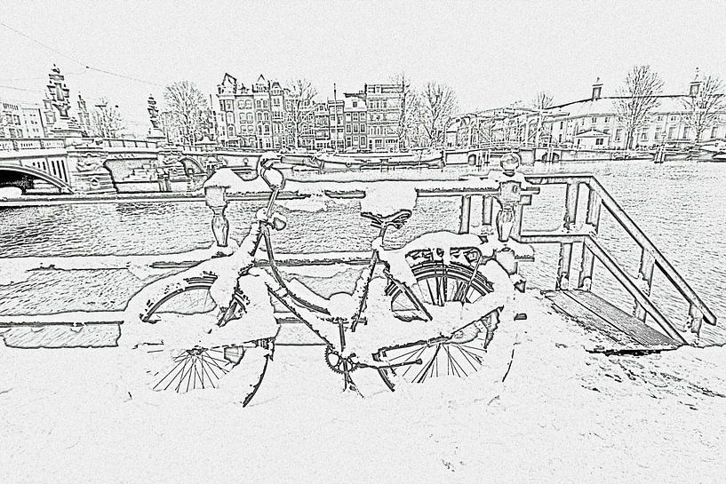 Pentekening van besneeuwde fiets aan de Amstel in Amsterdam von Eye on You