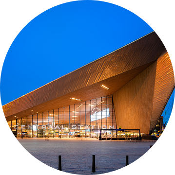Rotterdam Centraal Station in het blauwe uur (frontaal)