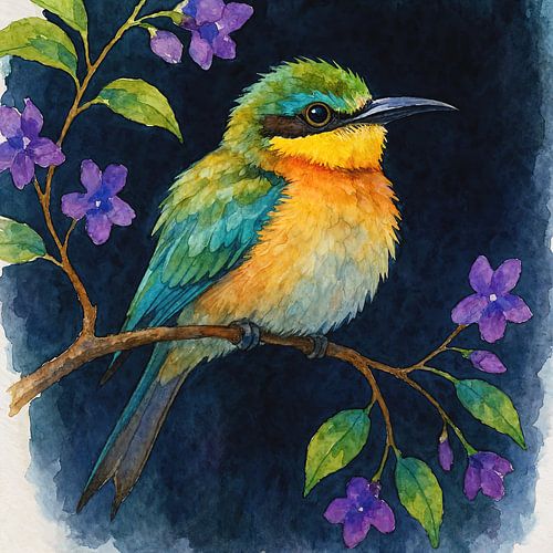 Tropische groene bijeneter vogel op bloeiende tak (AI) (aquarel schilderij, vogelaars, donker, achtergrond, kleurrijk, vrolijk, schattig, mooi, klein, vogel) van Natalie Bruns
