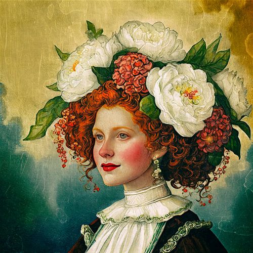 Klassiek en nostalgisch Portret. Vrouw met Pioenrozen