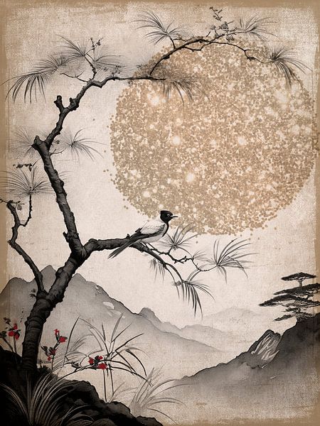 Paysage oriental, oiseau sur un pin, style Sumi-e par Studio Pieternel