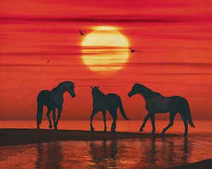 Een paard op het strand wachtend op de andere paarden van Jan Keteleer