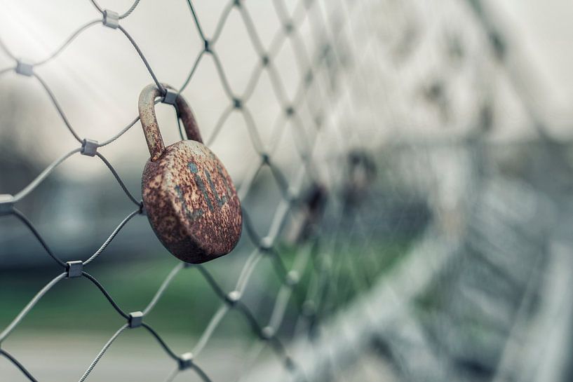 Vorhängeschloss an Drahtzäunen über Brücke von Mike Maes