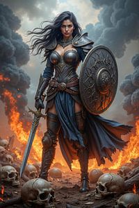 VALKYRIX - Die Kriegerin auf dem Schlachtfeld, umgeben von Totenköpfen