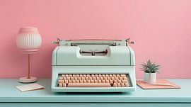 Oude typemachine in vintage retro mockup stijl met roze muur op de achtergrond
