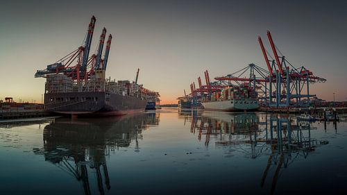Container terminal in the harbour at sunrise by Jonas Weinitschke