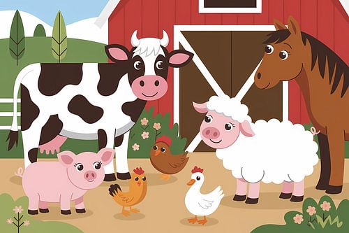 Schattige boerderijdieren bij schuur