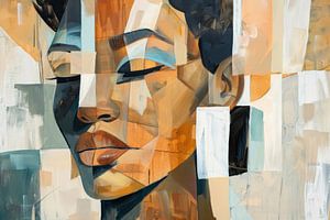 Cubist portrait of a woman in warm earthy tones