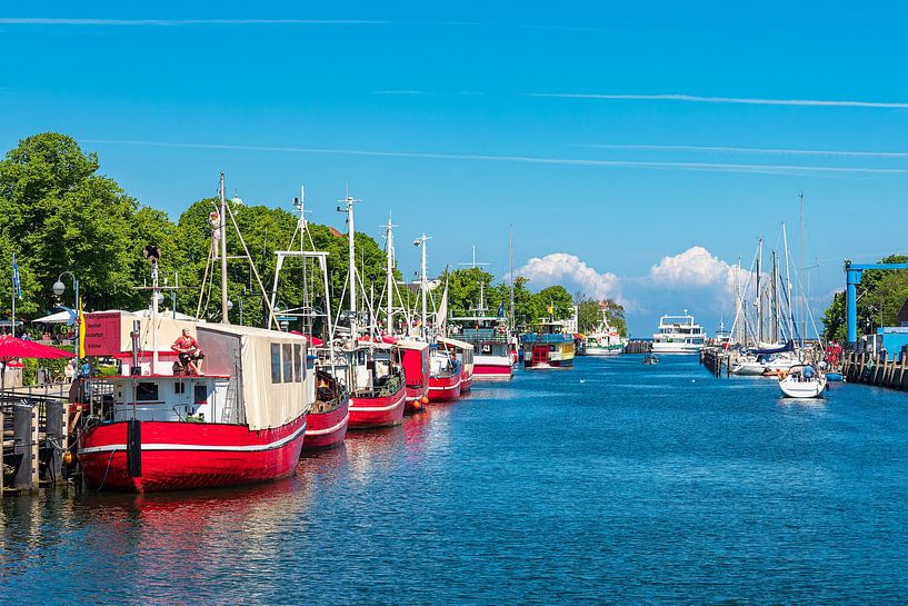 Blick auf den Alten Strom mit Fischkutter in Warnemünde von Rico Ködder