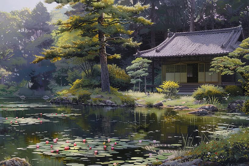 Japanisches Haus mit Garten malerisch von Egon Zitter