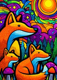 Bunte Fuchsfamilie im fantasievollen Wald