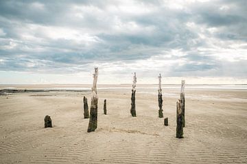 Houten pilaren bij laag tij op het strand van Fuseta, Portugal van Bart Hageman Photography