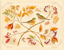 De petits oiseaux chanteurs perchés sur des branches d'automne, entourés de feuilles colorées et de baies ; illustration botanique vintage associée à une aquarelle