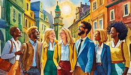 Mensen wandelen in de stad, kunstontwerp