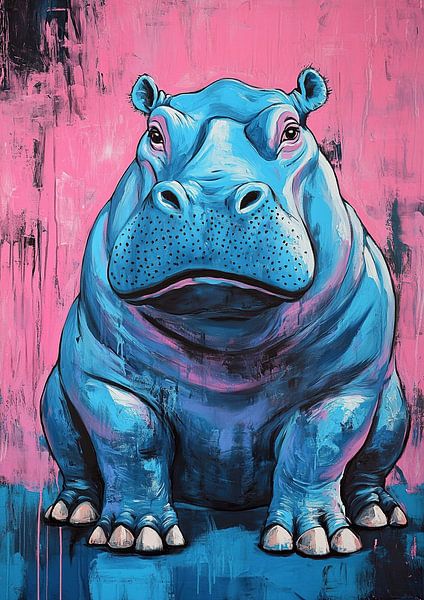 Humorvolles blaues Nilpferd-Gemälde von OMG Art