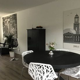 Klantfoto: Skyline illustratie stad Zwolle zwart-wit-grijs van Mevrouw Emmer, op canvas