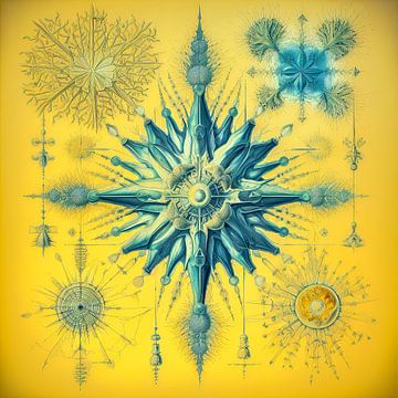 Formes organiques abstraites en bleu et jaune sur Vlindertuin Art