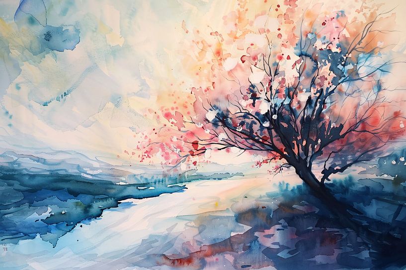 Arbre à fleurs dans un paysage aquarelle serein par Imperial Art House