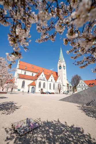 Amandelbloesem in de lente op het St. Mang plein en kerk