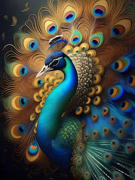 A peacock with feathers in orange and blue by Retrotimes