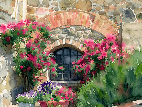 Mittelmeer-Steinbogen mit rosa Blumen, fröhliches Straßenbild von STUDIO ARTSY