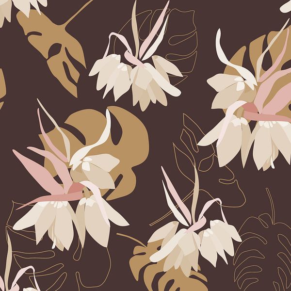 Vintage bloom. Flowers and leaves in retro brown, sand, ocher and pink by Dina Dankers
