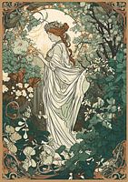 Vrouw in weelderige tuin, stijl Alphonse Mucha