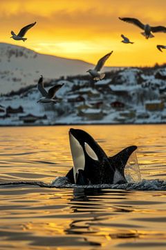 Orka in de gouden zonsondergang van Poster Art Shop