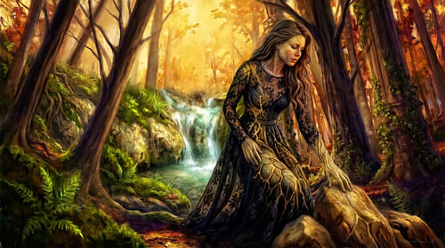 La gardienne de la fontaine de jouvence – Forêt magique d'automne & Source secrète (tableau d'art)