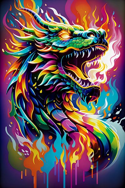 Dragon fire neon graffiti  pop art by Makar Mokrynskyi