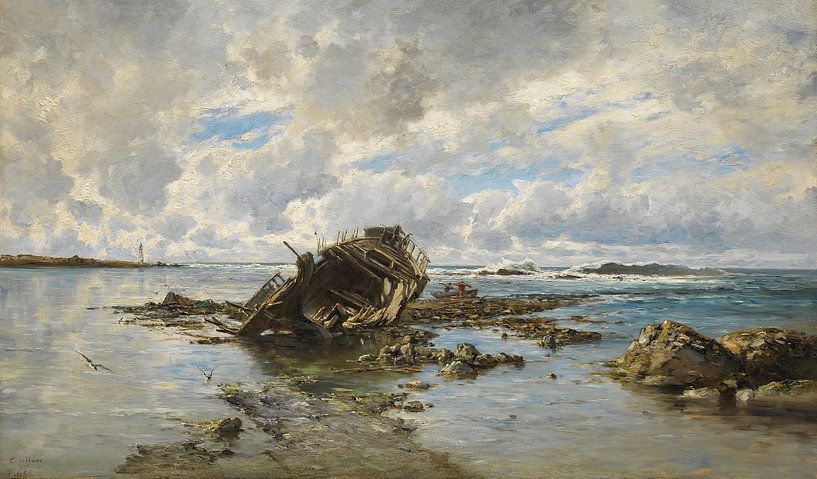 Carlos de Haes-broken ship, stranded ship, seascape, antique landscape by finemasterpiece