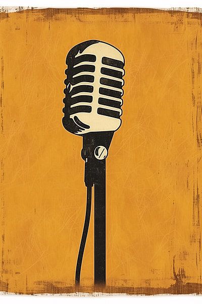 Vintage Microphone in Art Deco Style on Yellow Background by Imperial Art House