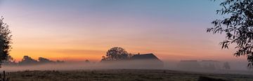 Panoramafoto zonsopkomst op een mistige boerderij