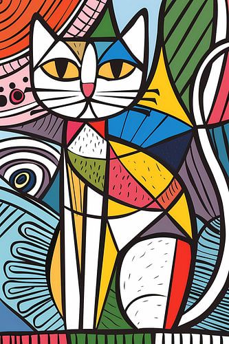 Kleurrijk kubistisch kat schilderij met patronen