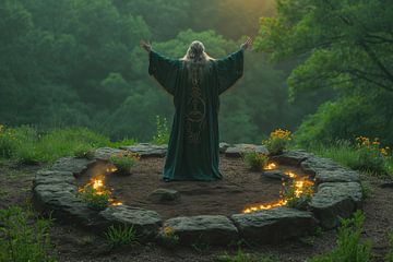 Ceremonie van vuur onder de Keltische sterren van artefacti