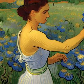 Femme dans les champs regardant les fleurs sur Jadzia Klimkiewicz