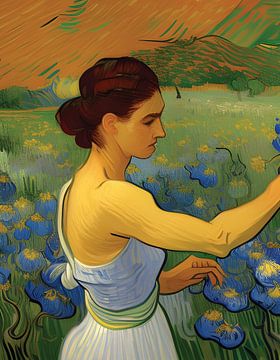 Femme dans les champs regardant les fleurs