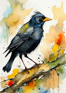 Merel aquarel van MIROKKU