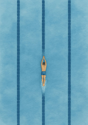 Lone Swimmer between Blue Lanes