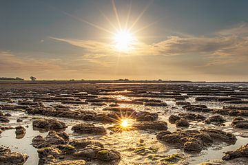 Coucher de soleil sur la mer des Wadden près de Paesens en Frise