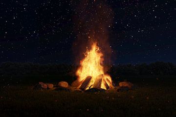 Lagerfeuer bei Nacht und vor Sternenhimmel von Besa Art