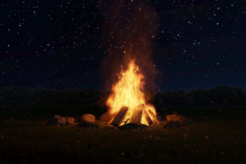 Campfire at night and in front of a starry sky by Besa Art