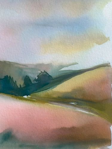 Paysage de montagnes roulantes - 3. Série : la nature à l'aquarelle