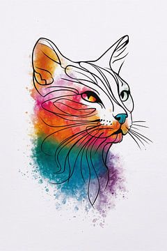 Chat abstrait à l'aquarelle avec explosion de couleurs sur De Muurdecoratie