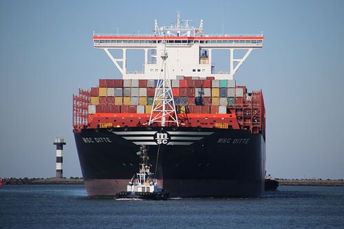 MSC Ditte wordt de Maasvlakte ingesleept door kleine sleepboot