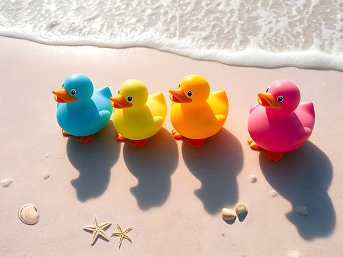 Gummientchen gehen mit den Füßen ins große Meer.